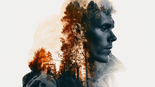 Double exposure photography of close up traveller and the tranquil forest, nature, adventure, forest, man, hiking, backpack, young, lifestyle, tourist, outdoors