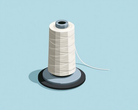 A single spool of sewing thread with a loose end resting on a light blue surface