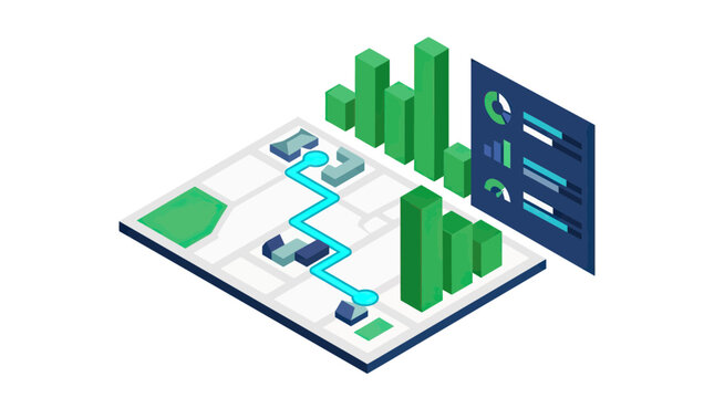 Isometric map with data charts and navigation route for logistics