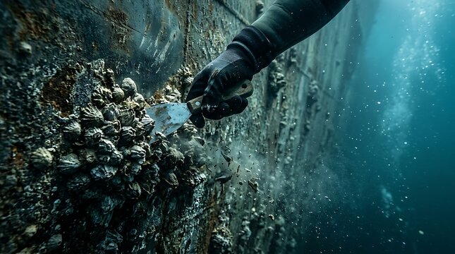 Diver scraping barnacles off underwater structure with spatula