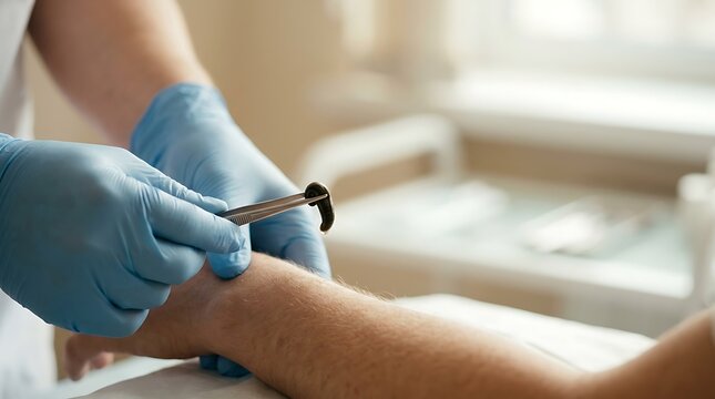 Medical professional applies leech to patient arm with tweezers wearing blue gloves