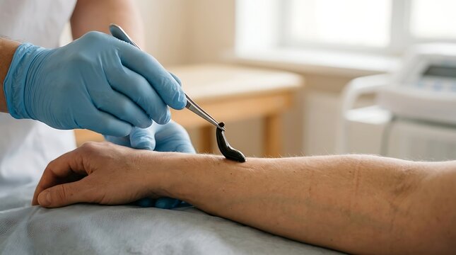 Medical professional applies leech to patient arm for therapeutic treatment