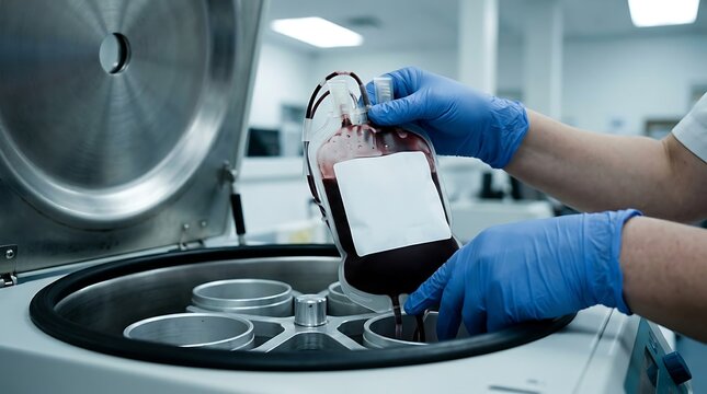 Medical professional handling blood bag for centrifugation in laboratory setting