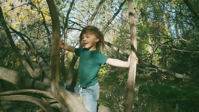 Young boy standing on a fallen tree in autumn woods touching his hair and looking down