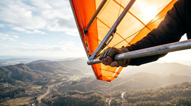 Pilot's hand gripping hang glider control bar over mountainous landscape at sunset