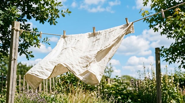 White bed sheet drying on a clothesline in a garden.