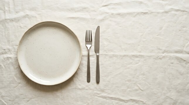 Empty white plate and fork on light textured background.