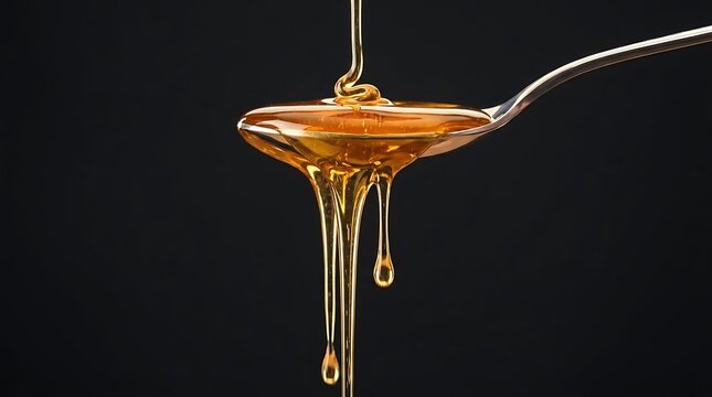Golden honey dripping from a metal spoon