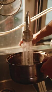 Close-up of a hand turning on a water tap into a stainless steel pot.