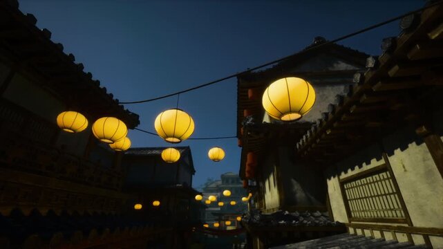 Dusk lantern trail between rooftops, rhythmic rows of yellow lights, deepening blue sky, silent vendor stalls, cinematic perspective drawing eye toward distant