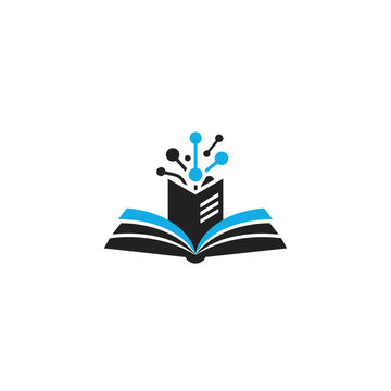Modern digital education and technology learning logo with open book and network connections