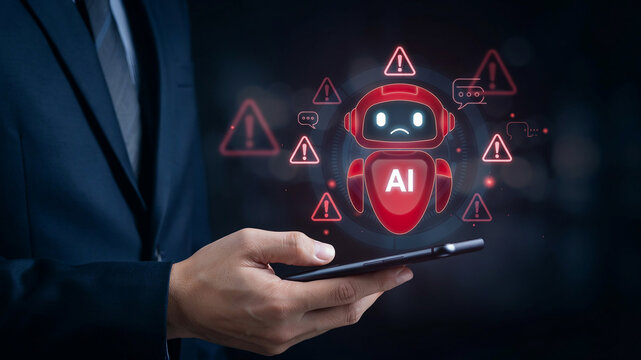 Man holding smartphone with sad AI robot and warning signs on a dark background artificial intelligence