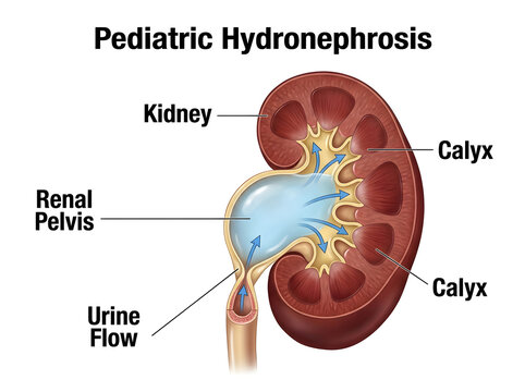 Pediatric hydronephrosis kidney illustration with urine flow isolated on white background