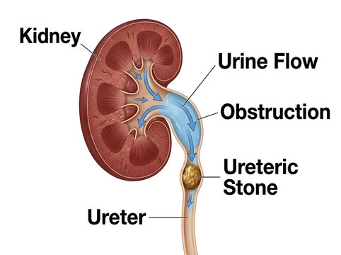 Ureteric stone causing kidney obstruction and urine flow blockage isolated on white background