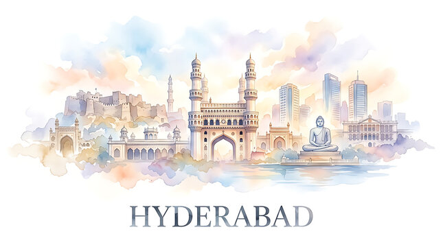 Watercolor Illustration of Hyderabad Skyline Featuring Charminar and Modern Buildings