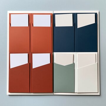 Four folded paper folders with inserted cards in red, blue, green, and cream colors