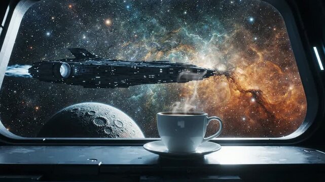 Steaming coffee cup inside spaceship cockpit window with flying starship, moon, and vibrant nebula galaxy background
