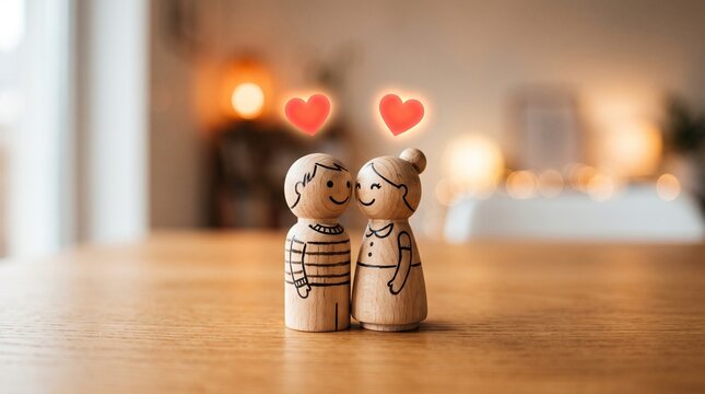 Charming wooden peg couple on a warm table. Floating hearts show their love. Cozy, bokeh background, perfect for romantic cards.