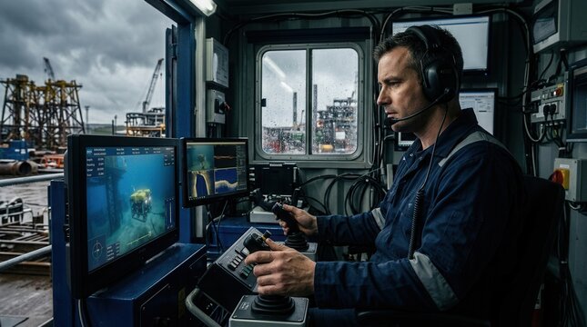Marine Engineer Operates Subsea Drone from Control Room with Offshore Oil Rig in Background