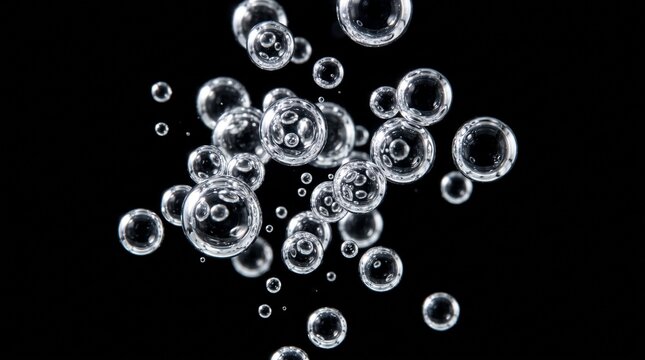 An original and clear macro photograph shows a variety of sparkling bubbles against a black background.