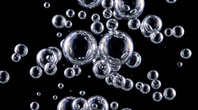 A stunning close-up photograph capturing dynamic, sparkling water bubbles rising on a stark black background. High-resolution textures with bright reflections and highlights make it pop.