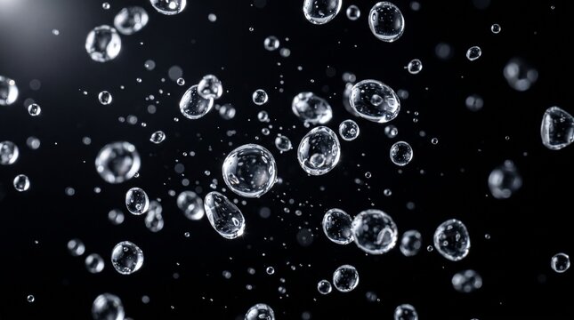 Crystal clear water droplets floating mid-air against a deep black background, captured with macro detail and realistic reflections.