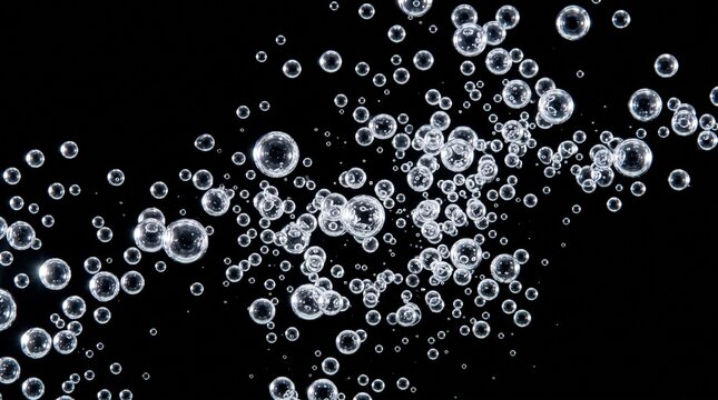 ​Numerous clear bubbles rising and scattering across a dark background, creating a high-contrast pattern. 