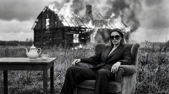 Confident woman in suit and sunglasses sitting in an armchair drinking tea with a burning house in the background, depicting indifference and calm in chaos