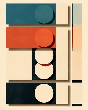 Abstract geometric composition with rectangular bars and circular shapes in muted tones