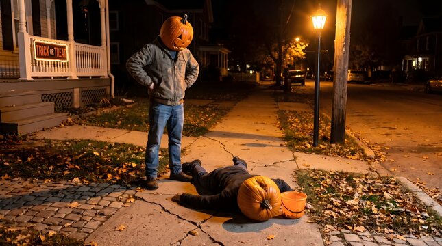 Spooky Halloween scene featuring two people wearing jack-o-lantern masks on a suburban sidewalk at night with one figure standing and another lying down under streetlights