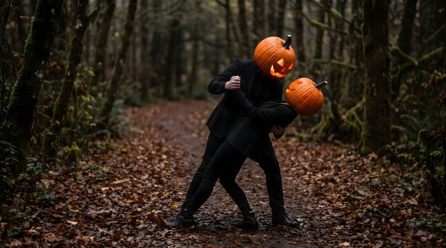 Mysterious couple wearing glowing carved pumpkin heads dancing on an autumn forest trail during spooky Halloween season outdoor celebration