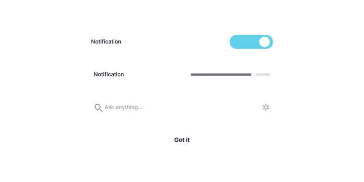 Minimalist user interface elements, blue notification toggle switch and search bar, clean web dashboard components for app design