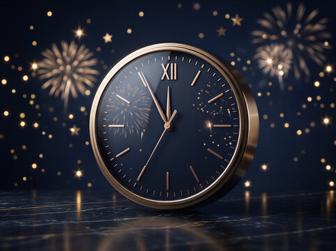 Elegant New Year countdown concept featuring a classic clock, golden stars, sparkling lights, and fireworks against a deep blue festive background.
