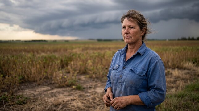 Side portrait of a female farmer standing in a field under dark storm clouds
