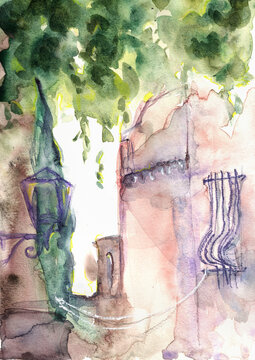 Bormes-les-Mimosas Provence street with lantern and lush foliage, hand-painted watercolor