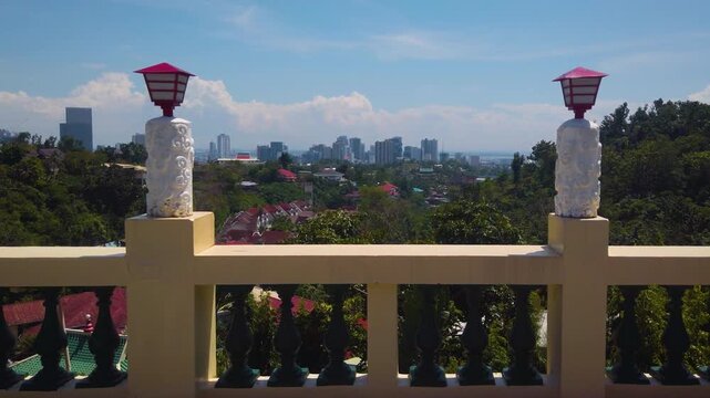 Cebu Taoist Temple - Pagoda Balcony and City Panorama - Philippino Chinese Community Shrine Complex -  MS LS 4K UHD