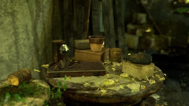 Overgrown potting bench with terracotta pots, mosscovered surface and scattered leaves, broken ceramic fragments and weathered tools, soft sunbeams filtering