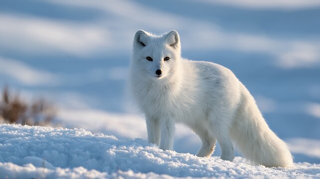A beautiful arctic fox standing in the white snowy landscape.