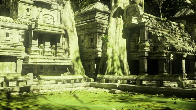 Sunlit temple facade framed by banyan trunk, bright leaf canopy, detailed bas relief, contrasty shadow pockets, ideal for travel content and cultural