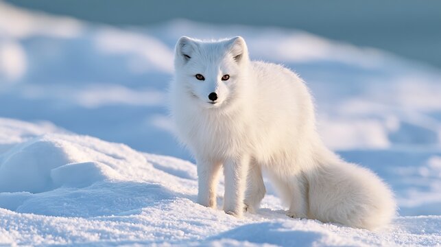 A beautiful arctic fox standing on the snowy tundra in winter.