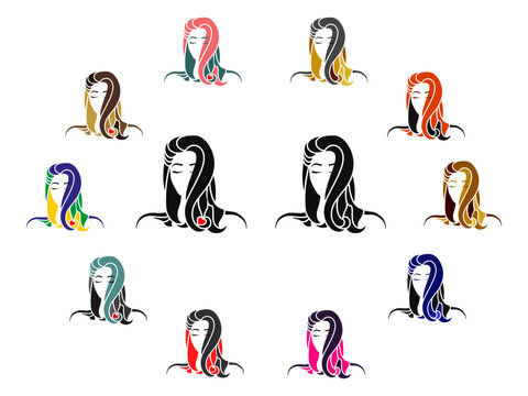 Woman beauty salon logo mega set with stylized colorful hair and monochrome vectors