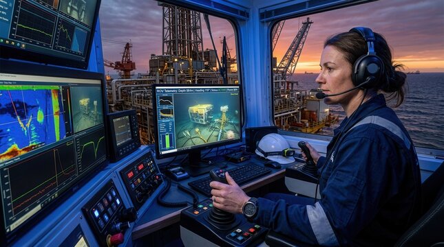 Female operator controlling underwater ROV from offshore platform bridge during sunset