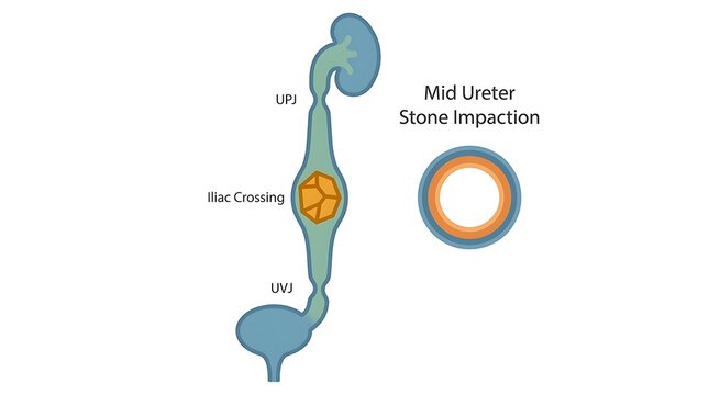 Medical diagram illustrating mid ureter stone impaction and urinary tract