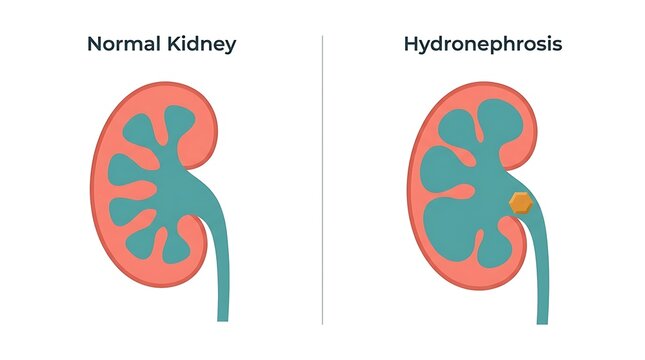 Comparative medical diagram of normal human kidney versus hydronephrosis condition