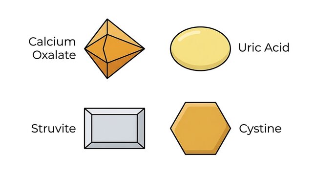 Vector icons of kidney stone crystal structures including calcium oxalate