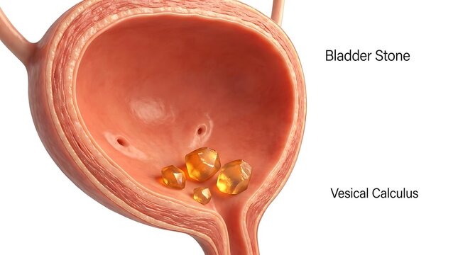 Detailed 3D medical illustration of vesical calculus or bladder stones inside