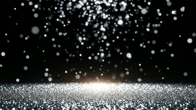 Silver glitter particles falling on reflective surface, luxury abstract background, for events, christmas, celebration, and holiday motion