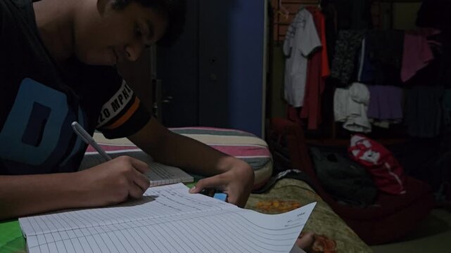 Young Student Studying at Home, Boy Writing Homework in Notebook at Desk, School Education and Learning Concept, Child Doing Schoolwork, Academic Preparation, Home Study and Student Lifestyle