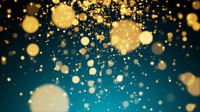 Golden glitter particles falling on deep teal background, luxury motion for holiday celebration and event backdrop