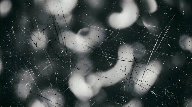 Scratched dark film surface texture with blurry white light bokeh elements distressed abstract photography negative scratched